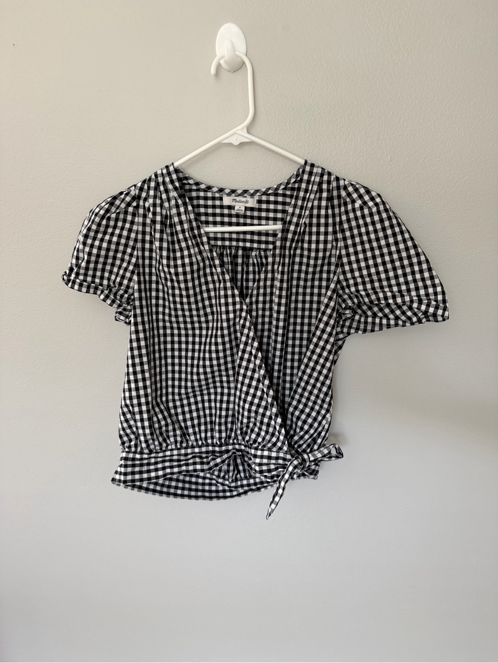 Madewell Black & White Gingham Tie Waist Wrap Top